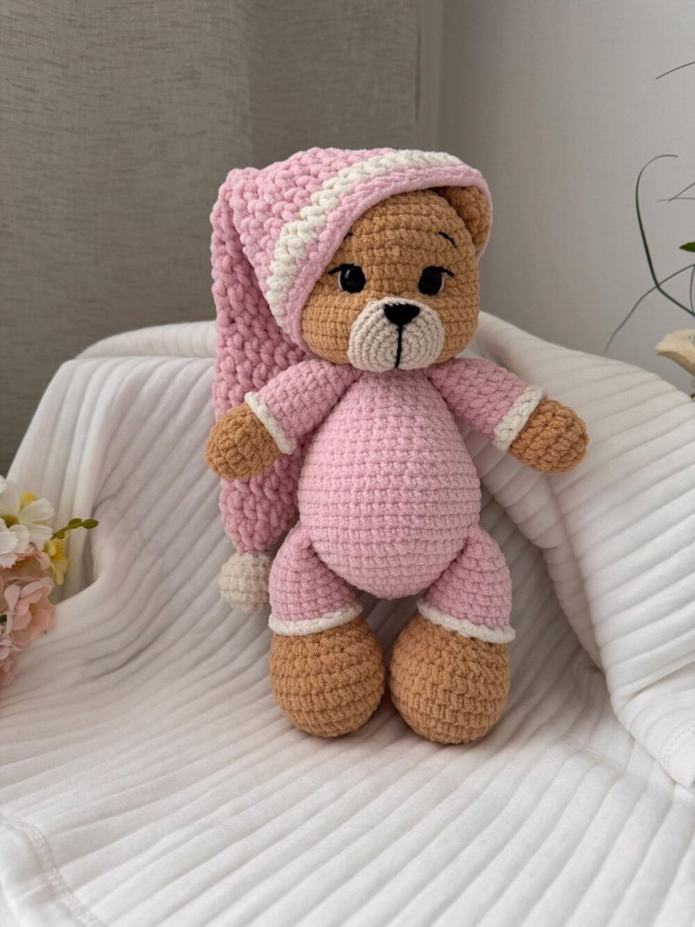 Handmade Crochet Teddy Bear, Sleepy Pajama Plush Toy, Amigurumi Brown Bear
